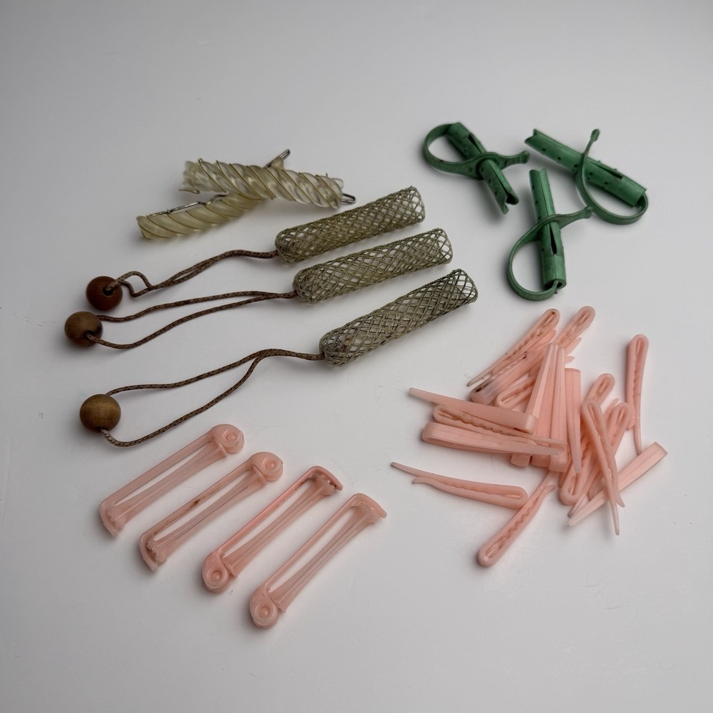 Vintage Perm Rods Pink Hair Clips Matching Clear Retro Rectangular Barrettes Lot